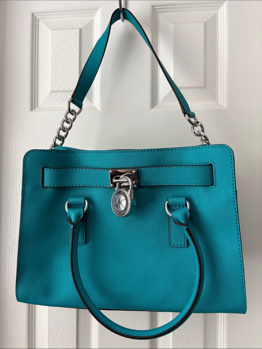 Michael Kors large Turquoise HAMILTON Saffiano Satchel Handbag Purse silver